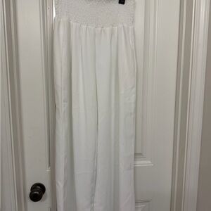 Wide-Leg Smocked-Waist White Jumpsuit